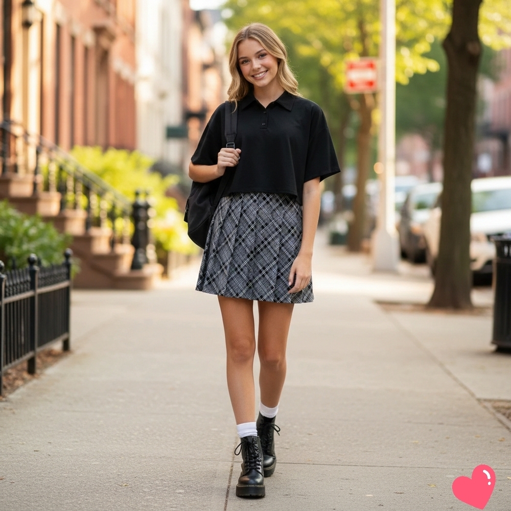 Kingston Junior's Two Piece Plaid Skirt Dress And Polo Shirt BlackGray Size XL